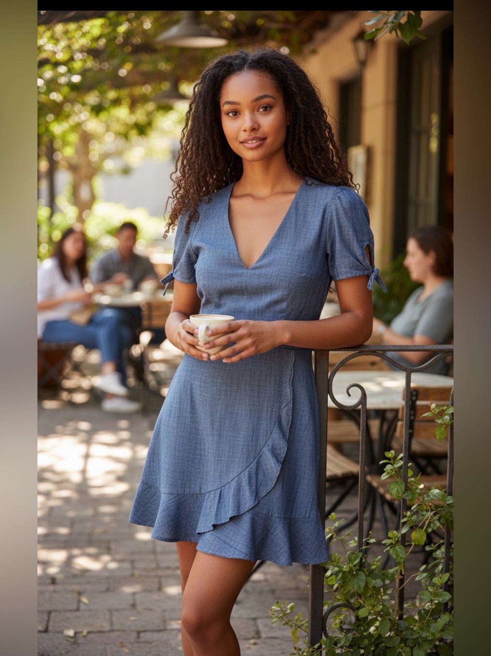 J. Crew  Women’s 8 Chambray Mini Dress Faux Wrap Ruffle Tie Sleeve Cotton Flirty